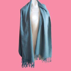 Halston Blue Green Fringe Wool Blend Scarf One Size